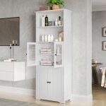 Meuble colonne salle de bain avec 2 portes vitr�e 2 portes en bois armoire haute de salle de bain compartiment ...