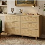 Meuble commode 6 tiroirs - 115x40x80 cm - fa�ades en effet rotin tress� et pieds bois - grand meuble ...