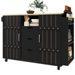 Meuble cuisine noir bois avec roulettes et plan de travail 90 cm �tag�re �pices et porte - serviettes ...