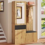 Meuble dentr�e 98. 5x38x191 cm vestiaire avec miroir 5 pat�res et banc de rangement mdf couleur naturelle ...