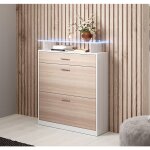 Meuble dentr�e paola blanc brillant & ch�ne sonoma - 2 portes � chaussures & 1 tiroir - tablette verre ...