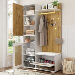 Meuble dentr�e - vestiaire 110x38x190 cm avec miroir led 16 couleurs banc crochets et rangements bois ...