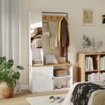 Meuble dentr�e vestiaire avec miroir banc � chaussures et �tag�res 4 crochets porte - manteau blanc
