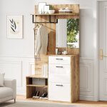 Meuble dentr�e vestiaire avec miroir tiroir et 2 portes abattantes �tag�re � chaussures blanc et bois ...