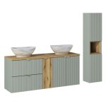 Meuble double vasques à poser 140 cm + rangement + colonne - a portes et tiroirs - vert roseau Meuble double vasques à poser 140 cm + rangement + colonne - a portes et tiroirs - vert roseau