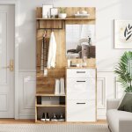 Meuble d?entr�e 100�385�190 cm avec miroir banc placards abattants et tiroir vestiaire blanc & bois