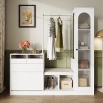 Meuble d?entr�e 6 en 1 avec miroir pivotant et led ? vestiaire avec banc penderie et rangement chaussures ...