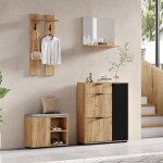 Meuble d?entr�e avec banc � chaussures armoire miroir et porte - manteaux bois naturel et noir 140 cm ...