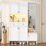 Meuble d?entr�e blanc avec banc � chaussures vestiaire avec miroir led r�glable 5 portes 2 tiroirs 120 ...