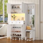 Meuble entree blanc avec �clairage led miroir banc vestiaire dentr�e moderne rangement avec crochet tiroir ...