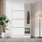 Meuble entr�e blanc moderne avec miroir 4 casiers rabattables �tag�re r�glable 80x24x147cm id�al rangement ...