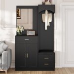 Meuble d?entr�e compact noir avec miroir penderie banc � chaussures et rangements
