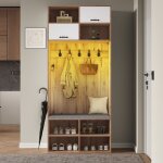 Meuble entree vestiaire dentr�e porte manteau avec banc 5 crochets 2 portes et 6 espaces de rangement ...