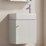 Meuble lavabo suspendu 46 cm avec vasque c�ramique petit meuble wc rangement gain de place bois naturel ...