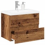 Meuble - lavabo avec vasque int�gr�e - jilis - vieux bois - 60x385x45 cm - vasque blanche en c�ramique ...