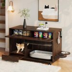 Meuble liti�re chat armoire avec porte acrylique mezzanine de rangement avec porte gamelle pour chat ...