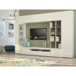 Dmora - meuble haut azuro 290x40xh192 cm blanc brillant ciment panneau effet bois et verre Dmora - meuble haut azuro 290x40xh192 cm blanc brillant ciment panneau effet bois et verre