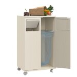 Meuble � poubelle 2 compartiments blanc 46. 7x35x80cm aspect bois clair roulettes pour cuisine et salle ...