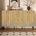 Meuble rangement buffet bahut bois 160x36x94cm ? 4 portes & 4 tiroirs design minimaliste id�al salon ...
