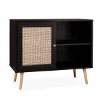 Meuble de rangement en cannage 80x39x65. 8cm bohme - noir - 2 niveaux - 1 porte - pieds scandinaves. ...