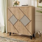 Meuble de rangement pour chaussures - 2 portes ferm�es motif en rotin �tag�res internes 80x32x91 cm bois ...