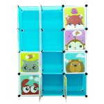Meuble de rangement enfant - armoire modulable avec portes - 12 cubes - motifs cartoon - bleu