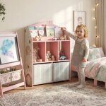 Meuble rangement enfant biblioth�que enfants avec �tag�res ouvertes et 2 tiroirs en tissu mdf rose