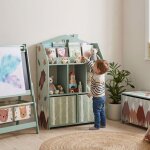 Meuble rangement enfant biblioth�que enfants avec �tag�res ouvertes et 2 tiroirs en tissu mdf vert