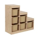 Meuble de rangement enfant escalier 6 bacs de rangement d�cor bois naturel et beige - sora