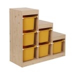 Meuble de rangement enfant escalier 6 bacs de rangement d�cor bois naturel et moutarde - sora