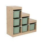 Meuble de rangement enfant escalier 6 bacs de rangement d�cor bois naturel et vert de gris - sora