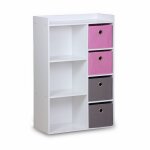 Meuble de rangement pour enfant. blanc - camille - avec 7 compartiments et 4 paniers gris et roses