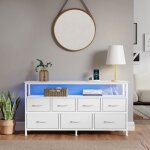 Commode avec led r�glable et multiprise 7 tiroirs en tissu style moderne chambre blanc