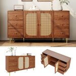 Meuble de rangement avec portes en rotin buffet avec tiroirs et �tag�res 160x40x90 cm pour salon cuisine ...