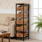 Meuble de rangement � tiroirs - lunsy - 5 tiroirs - 30x40x114 cm - noyer - structure m�tallique renforc�e ...