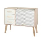 Meuble de rangement vintage en bois tiroirs blancs et rideau coulissant happy