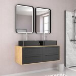 Meuble de salle de bains 120 cm - 2 vasques rectangles - 2 miroirs led - chene naturel et noir mat Meuble de salle de bains 120 cm - 2 vasques rectangles - 2 miroirs led - chene naturel et noir mat