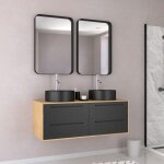 Meuble de salle de bains 120 cm - 2 vasques rondes - 2 miroirs - chene naturel et noir mat - uby