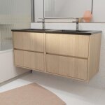 Meuble de salle de bains 120 cm 4 tiroirs ch�ne clair + vasque double c�ramique noire - xenos