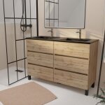 Meuble de salle de bains 120 cm 6 tiroirs chne naturel + vasque double cramique noire - timber