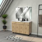 Meuble salle de bains 120cm 4 portes chne naturel + vasque blanche et miroirs avec appliques led