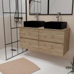 Meuble salle de bains 120cm 4 tiroirs chne naturel - 2 vasques carres 41x41x15cm noires