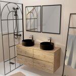 Meuble salle de bains 120cm 4 tiroirs chne naturel 2 vasques noires 36cm et 2 miroirs 55x75 cm