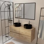 Meuble salle de bains 120cm 4 tiroirs chne naturel 2 vasques noires 41cm et 2 miroirs 55x75 cm
