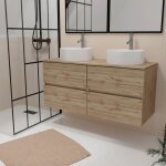 Meuble salle de bains 120cm 4 tiroirs ch�ne naturel - 2 vasques rondes 41cm en c�ramique blanche