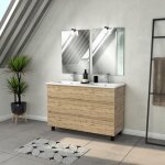 Meuble salle de bains 120cm 6 tiroirs chne naturel + vasque blanche + miroirs avec appliques led