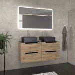 Meuble salle de bains 120cm ch�ne et noir vasques carr�es et miroir led 120x70 - omega