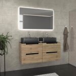 Meuble salle de bains 120cm ch�ne et noir vasques rectangulaires et miroir led 120x70 - omega