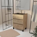 Meuble de salle de bains 60 cm 3 tiroirs ch�ne naturel + vasque c�ramique noire - timber