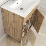 Meubles de salle de bains 60 cm ch�ne industriel - portes ou tiroirs + vasques c�ramique blanche